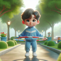 A boy wearing a blue tracksuit is hula hooping in the park.