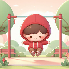 A cute boy wearing a red hoodie is jogging in the park.