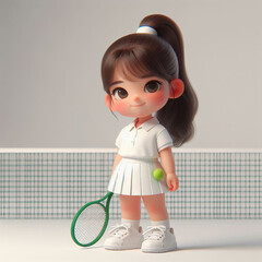 The young girl standing in front of the tennis net is holding a tennis racket.