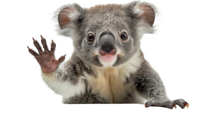 Cute koala with a raised paw, creating an engaging and amusing portrait on a white backdrop