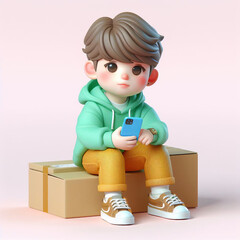 A boy holding a blue cellphone is sitting on top of a box.