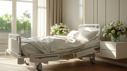 Hospital bed with clean linens in a bright room with a bouquet of fresh flowers on the side table - obrazy, fototapety, plakaty