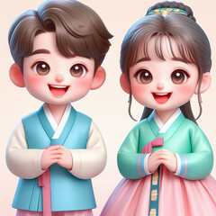 A young boy and girl, dressed in traditional Korean hanbok, are exchanging New Year's greetings.