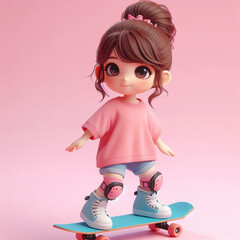 A young girl, wearing knee pads, is joyfully skateboarding,