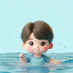 A cute boy is happily playing in the swimming pool. The boy is facing forward.