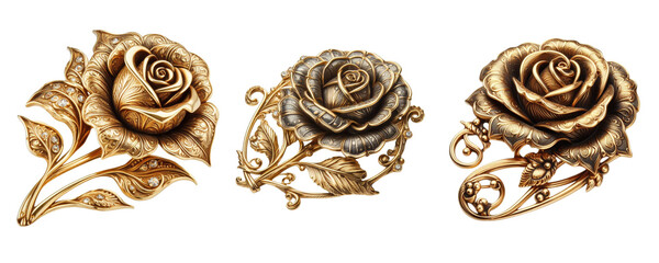 3 Old fashioned rose brooch made of gold with intricate design isolate on transparent background