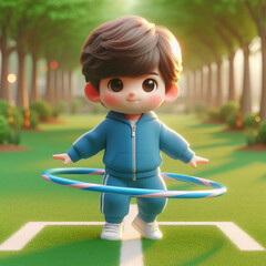 A round boy in a blue tracksuit is spinning a hula hoop in a park.