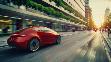 Red modern electric car drives through the streets of futuristic city with glass skyscrapers and...