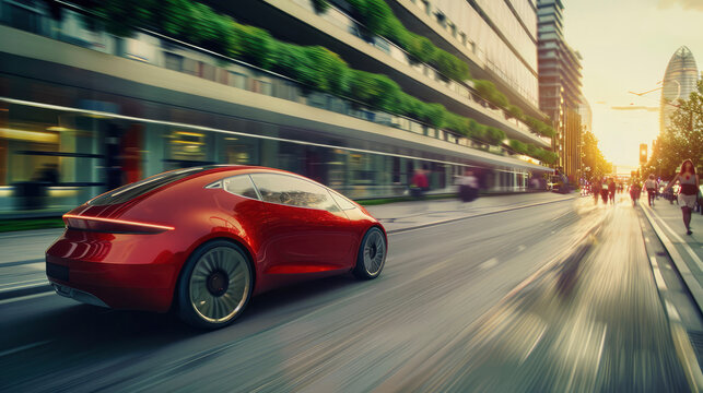Red modern electric car drives through the streets of futuristic city with glass skyscrapers and green vegetation. City of the future, new technologies, environmentally friendly cars, transport