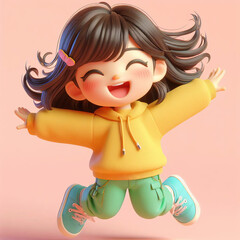 Wearing a yellow hoodie and green pants, the cute girl is smiling broadly and jumping as if she would fly with her arms wide open.