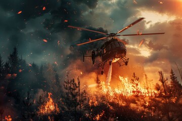 A helicopter in the air extinguishes a fire in the forest. Pouring water on a fire from the air. Professional fire extinguishing in nature. Emergency situation, environmental disaster - obrazy, fototapety, plakaty