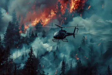 Poster A helicopter in the air extinguishes a fire in the forest. Pouring water on a fire from the air. Professional fire extinguishing in nature. Emergency situation, environmental disaster © FoxTok