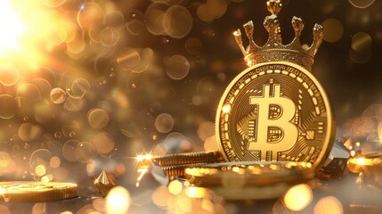 Bitcoin gold coin in a crown. King of cryptocurrency money, mining, trading. Concept of earning money of the future, modern business. Gold coins with beautiful bokeh background
