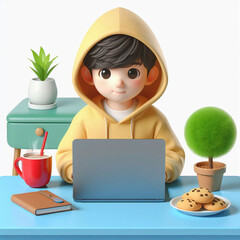 A boy in a yellow hoodie is sitting at his desk studying on his laptop. A frontal view.
