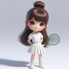 This lovely girl with her hair tied up was wearing a white polo shirt and a pleated skirt. She held a tennis racket in her hand. Fun school life