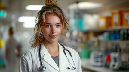 Confident female doctor, serene in her element, the hospital's white ambiance reflecting her calm.