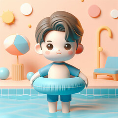 The round-eyed adorable boy is playing in the swimming pool. Facing the camera, the boy has a swim tube around his waist