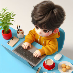 The young boy is sitting at a blue desk, working diligently on the computer.