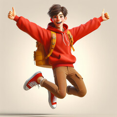 The boy wearing a red hoodie and carrying a yellow backpack jumps with legs apart, thumbs up, wearing a happy and joyful expression.