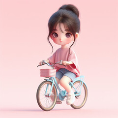 The young Asian girl is riding a sky blue bicycle with a pink basket attached.