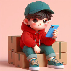 The boy wearing a green hat and red hoodie sits on a box, looking at his phone.