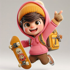 The young boy wearing a yellow knit hat, carrying a bag and a skateboard, jumps joyfully.