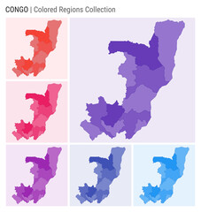 Congo map collection. Country shape with colored regions. Deep purple, red, pink, purple, indigo, blue color palettes. Border of Congo with provinces for your infographic. Vector illustration.