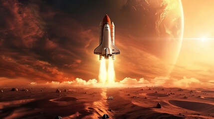 Spaceship taking off from Earth heading for Mars. Mission to Mars