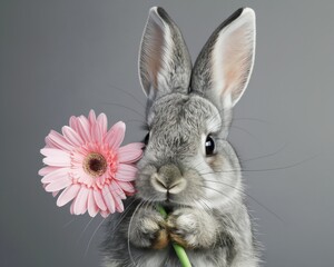Charming grey rabbit holding a delicate pink Gerbera daisy in its paws