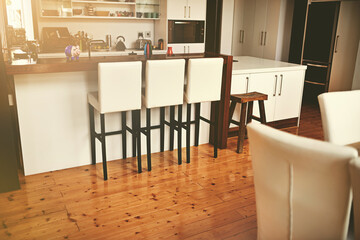 Kitchen, dining and empty room or furniture or home decor or real estate property with chairs, appliance or table. Apartment, interior design and residential New York, modern living or hardwood floor