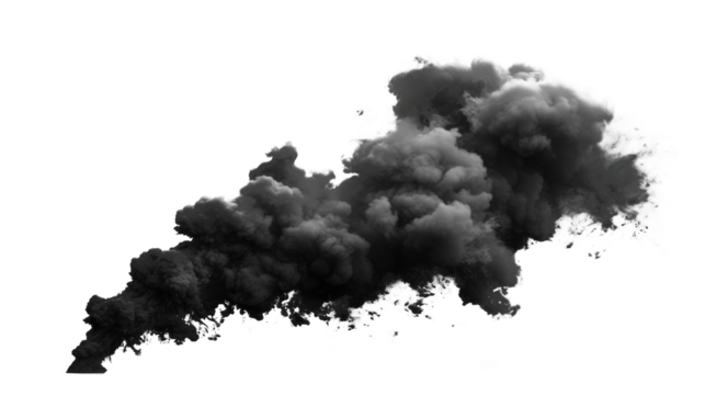 A black smoke cloud is rising. Isolated on transparent background, PNG