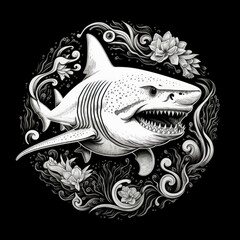 Shark Mandala Style Illustration, black and white