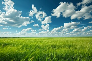 Fototapeta na wymiar Field of green grass with blue sky and clouds
