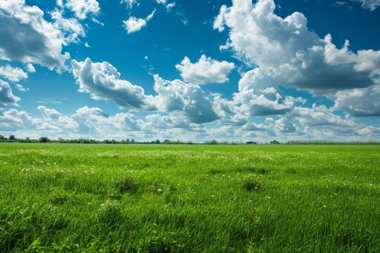 Field of green grass with blue sky and clouds