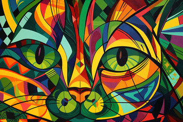 Psychedelic cat in neo cubist style, featuring prominent green hues - obrazy, fototapety, plakaty