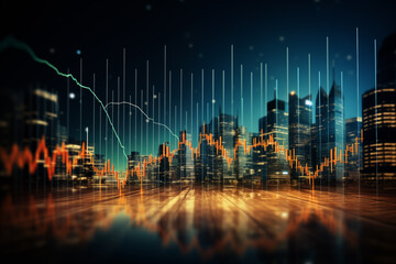 Abstract glowing big data forex candlestick chart on blurry city backdrop. Double exposure. Trade, technology, investment, analysis concept.