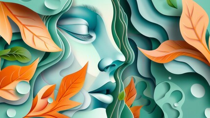 3D female portrait with leaves and flowers, with depth of layers and organic shapes, abstract colourful background