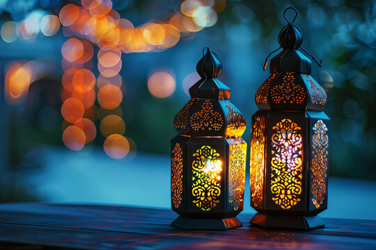 Couple of glowing Moroccan ornamental lanterns on the table. Greeting card, invitation for Muslim holy month Ramadan Kareem