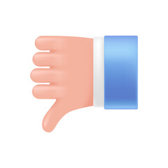Realistic 3d plastic volumetric hand, fthumb down. Vector illustration, hand in cartoon 3d plastic style, isolated on white background.