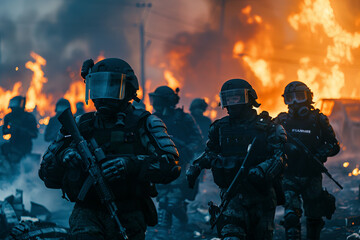 Apocalyptic scene with several riot police and fire in the background