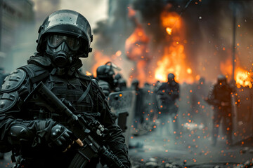 Apocalyptic scene with several riot police and fire in the background - obrazy, fototapety, plakaty