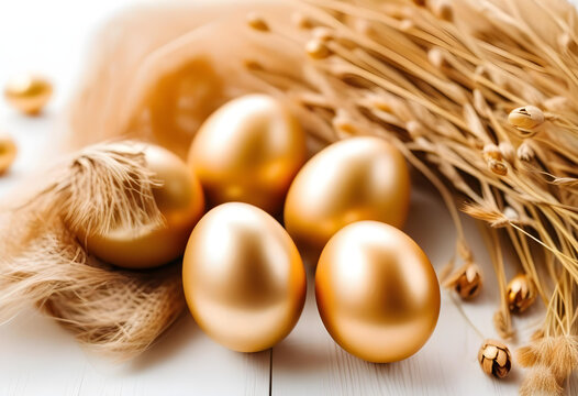 Stylish gold eggs easter concept. Easter golden eggs with dried golden flax linum