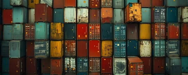 An aerial view showcasing a towering arrangement of shipping containers. Concept Aerial Photography, Shipping Containers, Towering Arrangement