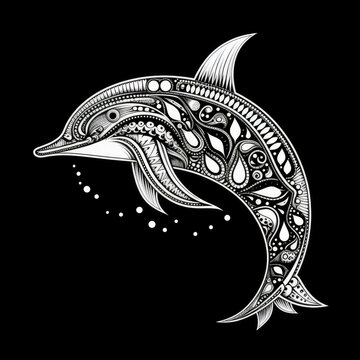 Dolphin Mandala Style Illustration, black and white
