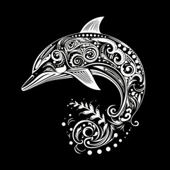 Dolphin Mandala Style Illustration, black and white