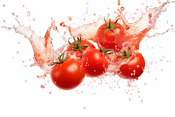 tomato fresh with splashes of juice on a white background