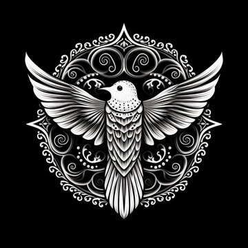 Swallow Mandala Style Illustration, black and white