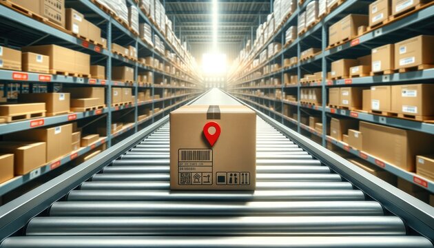 A cardboard box with a location pin tag on a conveyor belt in a large distribution warehouse, symbolizing logistics and supply chain management.