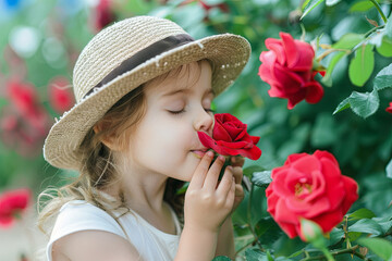 Child girl smelling flowers red roses in garden childhood baby summer lifestyle