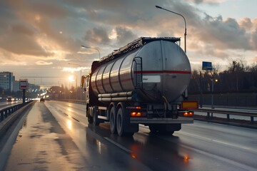 Fuel truck on the road. Truck transporting fuel on the city road  - obrazy, fototapety, plakaty